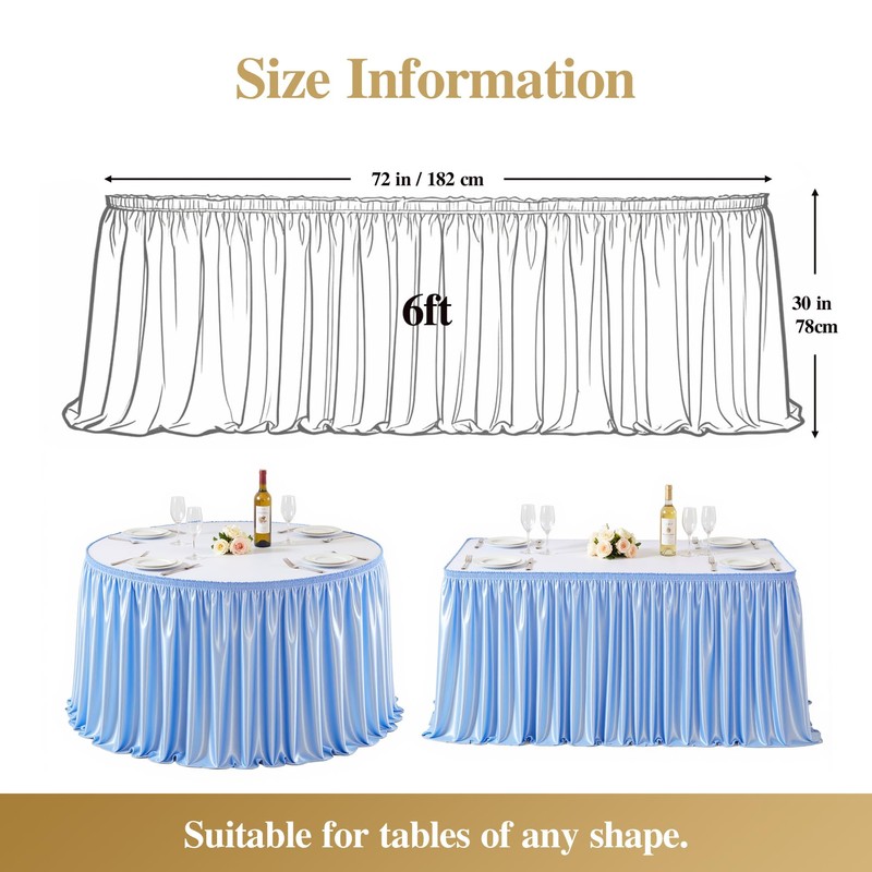 6Ft Baby Blue Satin Table Skirt for Rectangle or Round