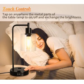 Qimh Industrial Touch Control Table Lamp with 2 USB Ports and 2 AC Outlets, 3-Way Dimmable Bedside Nightstand Reading Lamps with Light Bulb, Glass Lampshade Desk Lamp for Bedroom, Office(Black)