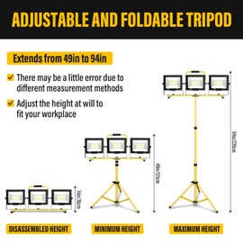 YOJZMA 30000 Lumens LED Construction Spotlight 300W LED Work Light with Stand 2 m Telescopic Tripod and 5m Cable 6000K floodlight for workshops garages Gardens Construction Site Outdoor Lighting