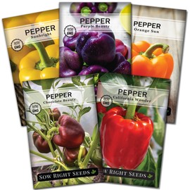 Sow Right Seeds Sow Right Seeds - Sweet Bell Pepper Seed Collection for Planting a Home Garden - Red, Yellow, Purple, Orange and Chocolate Brown Bell Peppers - Non-GMO Heirloom Variety Pack Vegetable Seeds to Plant
