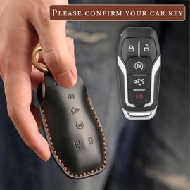 Rulansda fits for Ford Key Fob Cover . Compatible with F150 Edge Explorer Mustang Fusion Nautilus MKZ MKC Fits for Lincoln 5 Button Smart Leather Car Key Protector Fob Chain/Black
