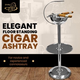Stinky Cigar Silver Floor Standing Cigar Ashtray with Windproof Design, Stainless Steel Ashtray featuring a Deep Bowl with 4 Stirrups and 12" Accessory Tray - Stylish Indoor & Outdoor Smoking Solution