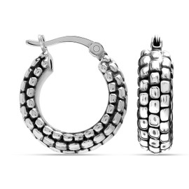 LeCalla 925 Sterling Silver Chunky Hoop Earrings for Women | Small Antique Striped Textured Click-Top Hoop Earring 18MM