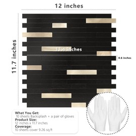 STICKGOO Peel and Stick Backsplash Tile, Stick on Backsplash for Kitchen and Bathroom, Black Mixed Gold Metal Composite Self Adhesive Wall Tiles(10 Sheets)
