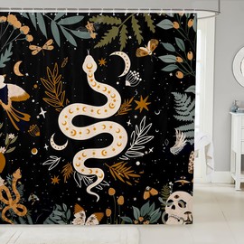 Cortina de ducha de serpiente, cortina de baño de sol y luna, juego de baño para niños y niñas, galaxia, cielo estrellado, mariposa, animales, juego de cortinas de tela impermeable, 72 pulgadas de ancho x 72 pulgadas de largo, color negro con 12 ganchos