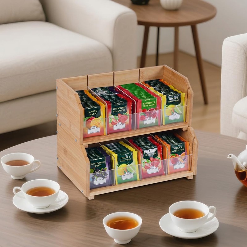 DOUKE Wooden Tea Bag Organizer – 2-Tier Stackable Tea Box