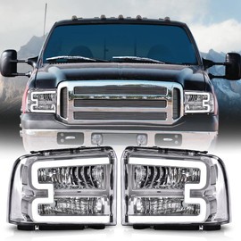 DOTCOM LED DRL Headlights Assembly,Compatible with Ford F250 F350 F450 F550 Super Duty 2005-2007/Fit Ford Excursion 2005 Headlamp Driver and Passenger Side, Clear Lens Chrome Housing Clear Reflector