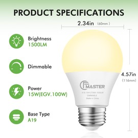 CFMASTER 12 Pack A19 LED Light Bulb, 15W(100W Equivalent) LED Bulbs, E26 Standard Base, 2700K Warm White Light Bulbs 100W, 1500 Lumens, 15W Bright White Light Bulbs for Home Office