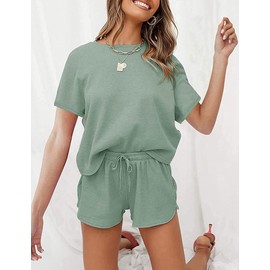 wkwmrpet Women's Waffle Knit Pjs Short Sleeve Top and Shorts Pullover Nightwear Lounge Pajama Set with Pockets Light Green