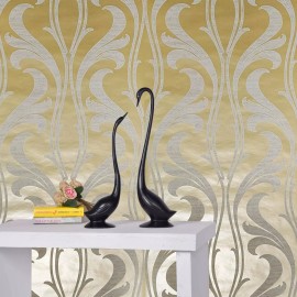 WM Yellow foil gold metallic ivory off white wave damask Victorian wallpaper rolls - sample 8.5 inches x 11 inches
