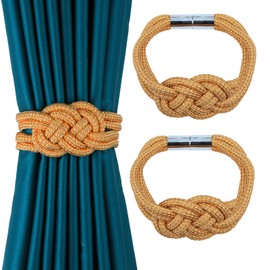 HedongHexi 2 Pack Magnetic Curtain Tiebacks, Hand Weave Rope Knot Decorative Curtain Holdbacks for Home & Office Thin Window Drapery (New Gold/Bright Orange,2P)