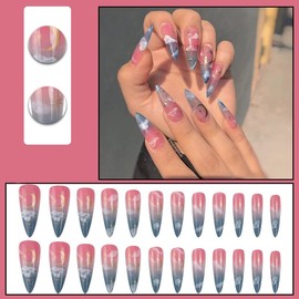 JUSTOTRY 24 Pcs Sharped Stiletto Almond Shape Press on Nails,Long Length with Dream Star and Moon Sky Designs Oval Fake False Nails with Glue,Nail Art for Women and Girls Stick on Nails