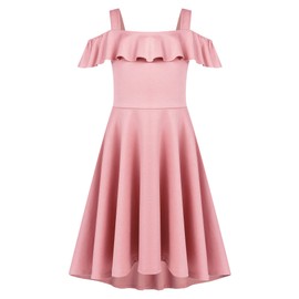 Arshiner Girls Summer Dress Short Sleeve Cold Shoulder Solid Color Swing Casual Dresses with Pockets,Pink,10-11 Years