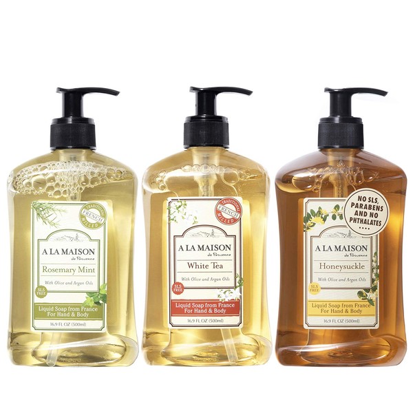 A LA MAISON Liquid Hand Soap Variety Pack - Rosemary Mint, Honeysuckle, and White Tea Triple French Milled Natural Moisturizing Soap (3 Pack, 16.9 oz Bottle)