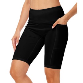 AOBUTE - Pantalones cortos largos para mujer de 9 pulgadas/10 pulgadas/11 pulgadas, de cintura alta, UPF 50+ con bolsillos, Negro -, Large