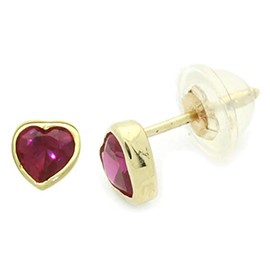 Solid 14K Gold Stud Earrings Cartilage Earrings CZ Stone Small Tiny Heart Bezel Studs Safetyback Stud Earrings, Red