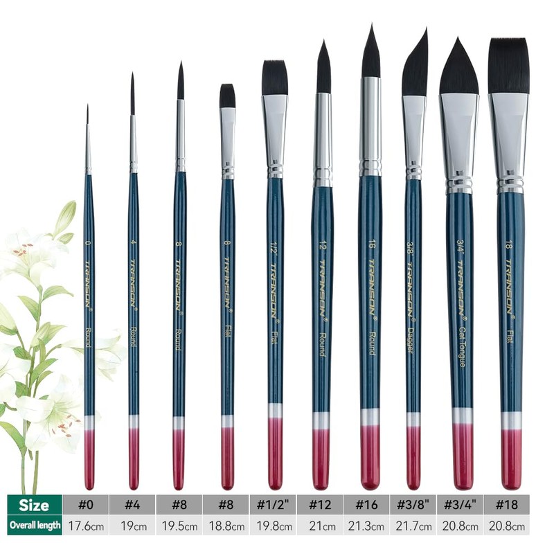 Transon 10pcs Natural Watercolor Paint Brush Set Professional for Watercolor