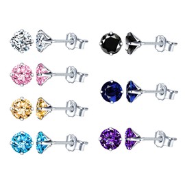 Yumilok 7 Pairs Women's Stud Earrings 925 Sterling Silver Zirconia White Multicoloured, 6 mm Stud Earrings, Earrings for Girls, Silver, b