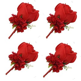 WeddingBobDIY Boutonniere Buttonholes Groom Groomsman Best Man Rose Wedding Flowers Accessories Prom Suit Decoration (4,Red)