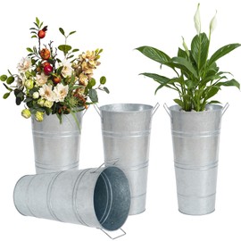 ChooseInOne Galvanized Metal Vases 10.6 Inch Set of 4 Rustic-Style French Farmhouse Bucket/Pots for Home Decor Flower Cut Art and Wedding Table Floral Arrangements Centerpiece Decorations (Silver)