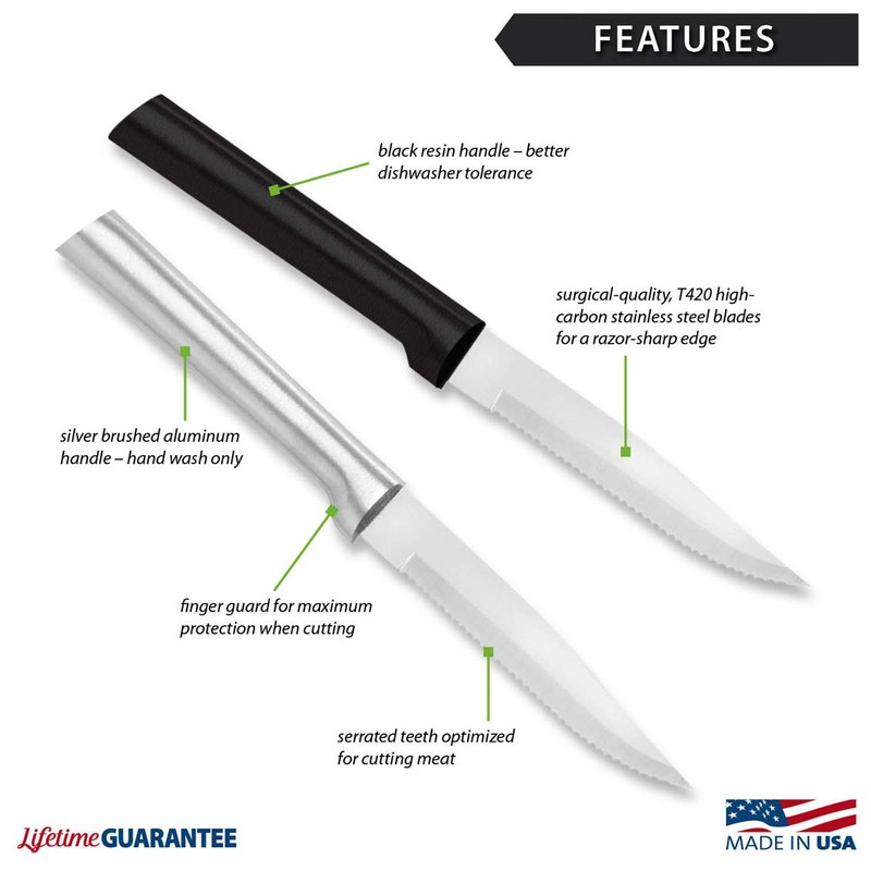 Rada Cutlery Serrated Steak Knife, Made in USA, Black Handle