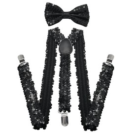 Alovez Sequin Braces Set Glitter Bow Tie Black Y Clip with Glitter Bow Tie Bow Costume Accessory for Disco Carnival Theme Party