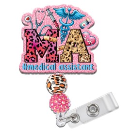 Obookey MA Badge Reel Retractable - Cute Medical Assistant Badge Reel with Alligator Clip Beads, Acrylic ID Badge Holder for Nurse Medical Student Hospital Worker, MA Nursing Gifts Work Accessories
