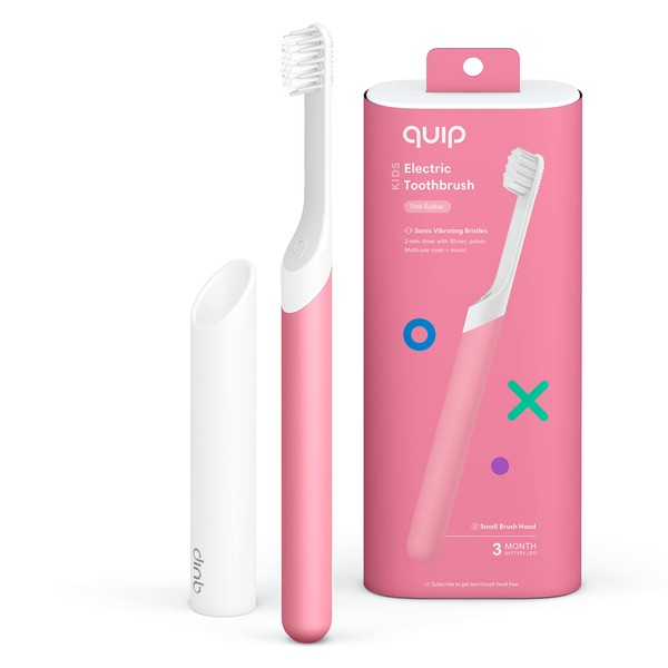 Quip Kids Electric Toothbrush - Sonic Toothbrush with Small Brush Head, Travel Cover & Mirror Mount, Soft Bristles, Timer, and Rubber Handle - Pink