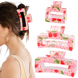 3pcs Square Cherry Print Hair Clips, Hapdoo Pink Fruit Hair Clips Cherry Hair Accessories, Fun Hair Decorative Claw Clip for Women Girls
