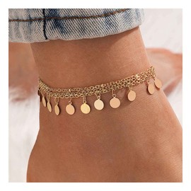 Inilbran Boho Coin Anklet Bracelet Layered Coin Pendant Ankle Bracelet Vintage Disc Chain Anklet Gold Round Coin Disc Anklet Anklet Jewellery for Women and Girls, Metal