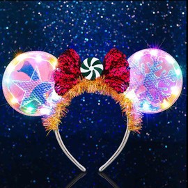 Yean Mouse Ears Light Up Headband New Year Headbands Bowknot Hair Accessories for Women (Red-Color Light, One size)