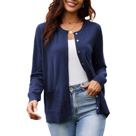 OPREXO Women's Casual Open Front Button Long Sleeve Knit Pocket Lightweight Cardigan Dark Blue