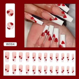Love Heart Press on Nails Long Square Valentines Fake Nails with Glue Red Glitter Love Heart Design French Tip False Nails Valentine Glue on Nails Artificial Stick on Nails for Women Girls 24Pcs