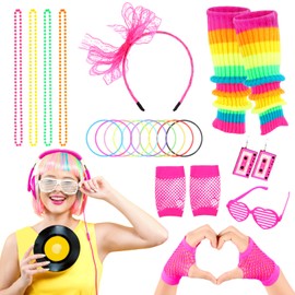 Amiao 80s Fancy Dress for Women Girls，1980s Costume Outfits Accessories for Girls，Leg Warmers、Fishnet Gloves、Glasses、Bracelets、Headband、Earrings、Necklace