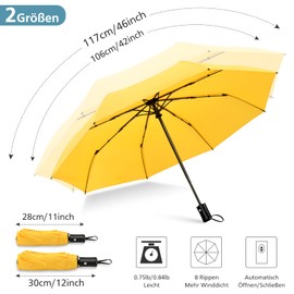 HEXSOLID Windproof Umbrella Automatic Umbrella Large with 8 Ribs 106 cm / 117 cm Travel Windproof Umbrella Waterproof Umbrella Foldable Compact Pocket Umbrella for Men and Women, yellow