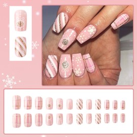 24 Pcs Christmas Pink Press on Nails Medium Square - ZIFANHU Cute Glossy Fake Nails Press ons Nail Art Tips Full Cover Acrylic False Nails with Plaid Light Ball Design Glue on Nails for Women