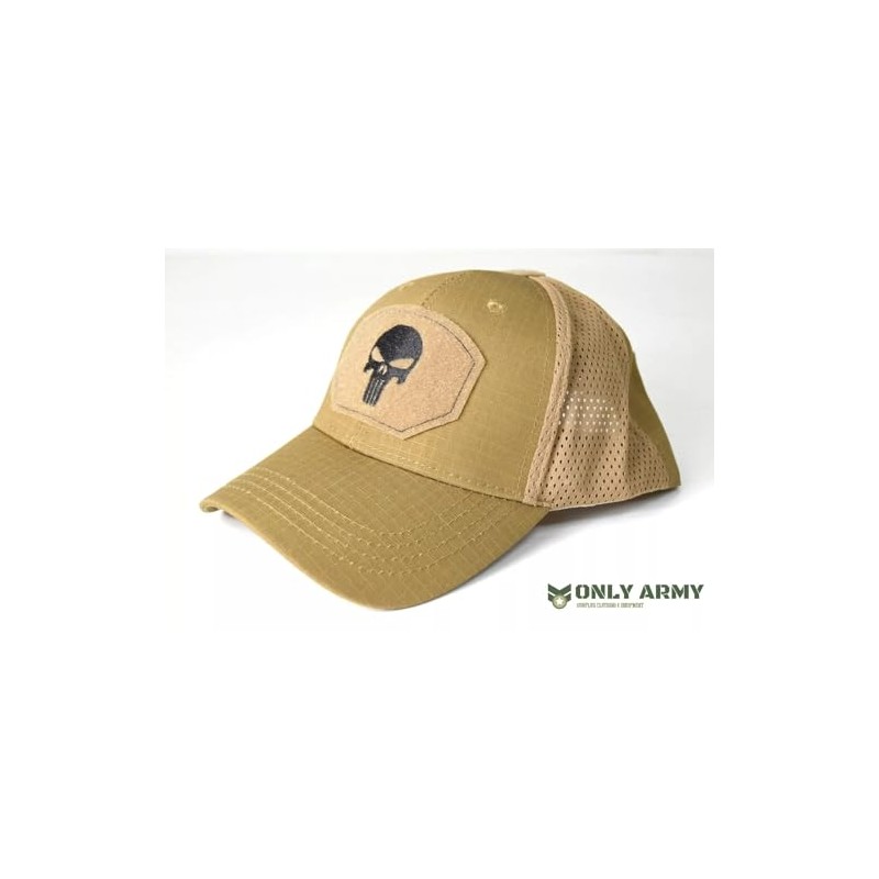 Tactical Mesh Baseball Cap, Coyote Tan, Skull Patch, Ripstop Material,