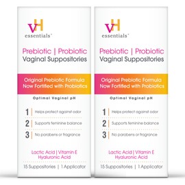 vH essentials Prebiotic pH Balanced Vaginal Suppositories, Naturally Protect Against Odor, 15 Count 2 Pack