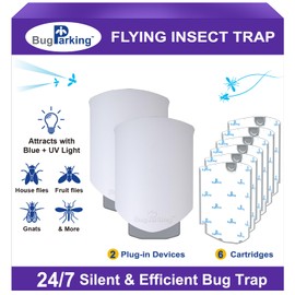 Flying Insect Trap for Indoors: Light Trap Captures Fruit Flies, Gnats, and Houseflies, Silent Bug Catcher with UV Light for Indoor-Plants, Kitchen, BUG PARKING 2 Plug-in Devices + 6 Cartridge Refills