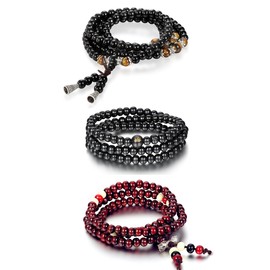 Cupimatch 3pcs Men's Women's Buddha Mala Bracelet Prayer Beads Tibetan Buddhist Necklace Sandalwood Ball Strand Wood Bead Bracelet Black Red, Metal, Pearl