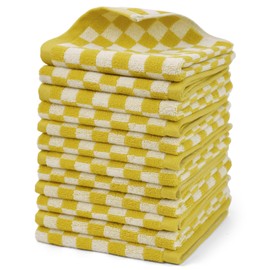 Quick Drying Washcloths - Pack of 12, 13x13 Inches, 100% Cotton Wash Cloths for Showering Spa Kitchen, Yellow Checkered Face Cloths