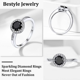 Eternal Love 1 Carat Black Round Gemstone Ring Women's White Gold Vermeil Silver CZ Crystal Band Rings Stackable Index Finger Ring, Dainty Cute Casual Ring Every Day Wear Jewelry, Size 9
