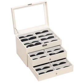 AUTOARK Leather Clear Lid 24 Piece Eyeglasses Storage and Sunglass Glasses Display Drawer Lockable Case Organizer,Beige,MKAW047