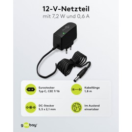 goobay 64973 Universal Power Supply 12 V / 7.2 W 0.6 A Plug Power Supply 12 V / Replacement Power Supply with DC Plug 5.5 mm x 2.1 mm for TV Box, Router, LED Strip, Video Camera / 1.8 m