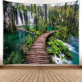 Showutheworld Green Nature Landscape Tapestry Rainforest Waterfall River Wooden Bridge Wall Hanging Tapestry For Living Room Bedroom Dorm Home Decor 59x79 Inchs(150x200 cm)