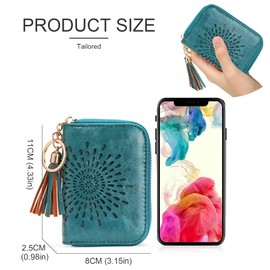 APHISON Credit Card Holder for Women RFID Blocking Card Case Ladies Small Wallets Zipper Purse 10 Slots Accordion Hollow Out Sunflower Tassels with ID Windows Peacock-Blue