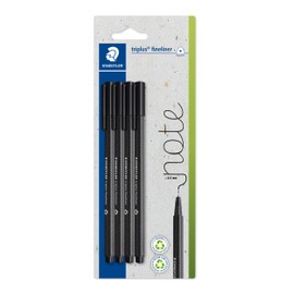 STAEDTLER Triplus 334-9 BK4 Fineliner 334, Triangular, Superfine, Metal-Encased Tip, Approx. 0.3 mm, Made in Germany, Set of 4 on Blister Card, Colour: Black