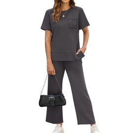 OFEEFAN 2 Piece Outfits for Women Summer Fashion Travel Lounge Sets Spring Tracksuit Airport Loungewear Vacation Clothes Wide Leg Capri Pants Matching Clothing Set Women's Oversized Sweatsuit M