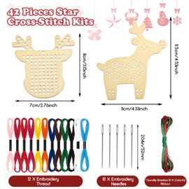 10 Pieces Christmas Wooden Cross Stitch Kits Reindeer Cross Stitch Wooden Christmas Tree Ornaments Christmas Hanging Decorations Crafts Christmas Decoration for Christmas Tree Decoration