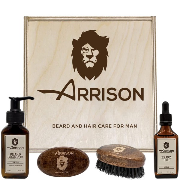Arrison® BEARD☆ Men's Beard Kit Made In Italy + Birch Wood Box Including Shampoo and Beard Oil + Beech Wood Brush and Boar Bristles – Gift Idea